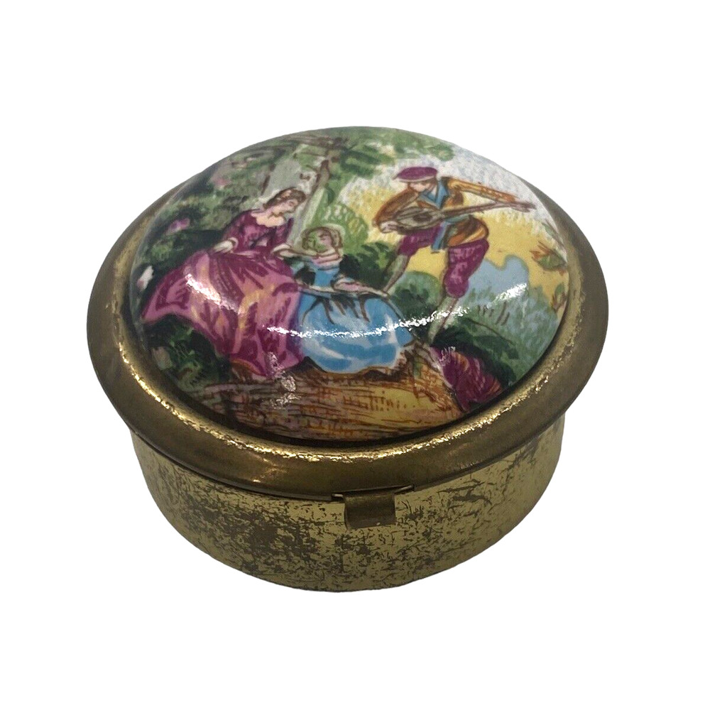 Pill Box Art Victorian Courting Couple Gold Tone Hinged Lid Vtg Japan 1 1/2"L